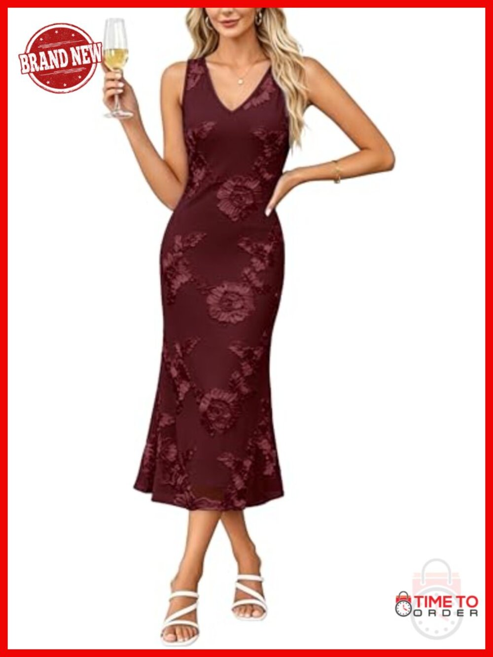 Sleeveless V-Neck Floral Bodycon Midi Dress Wedding Guest Cocktail Party